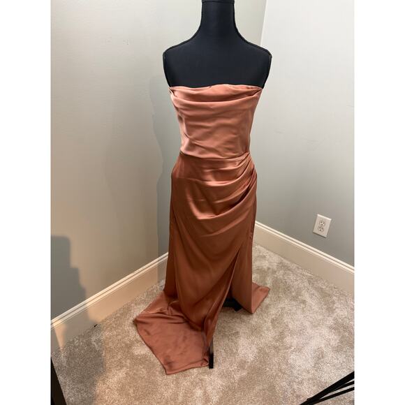 Azazie Kendall + Kylie Bronzer Strapless Satin Bridesmaid Formal Gown - Picture 2 of 5